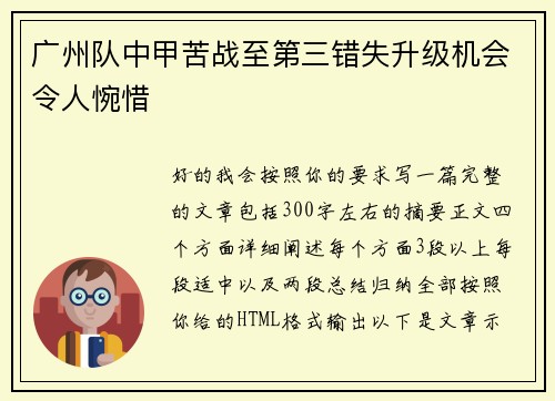 广州队中甲苦战至第三错失升级机会令人惋惜