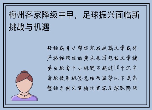 梅州客家降级中甲，足球振兴面临新挑战与机遇