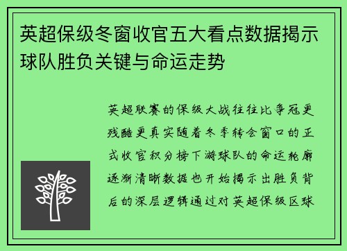 英超保级冬窗收官五大看点数据揭示球队胜负关键与命运走势 英超保级冬窗收官五大看点数据揭示球队胜负关键与命运走势